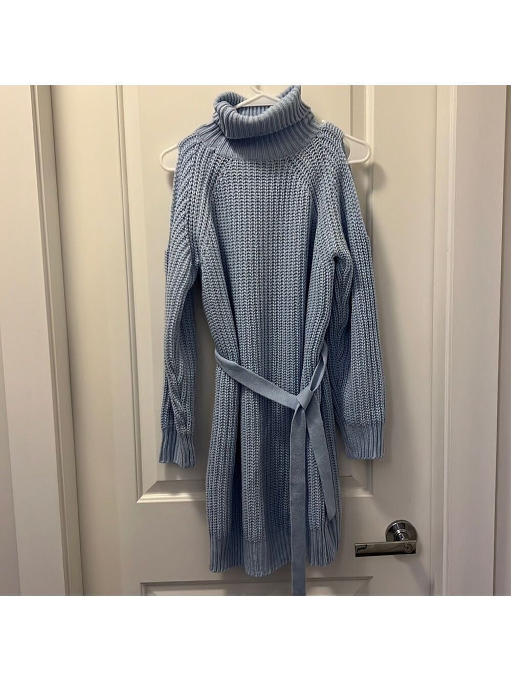 blue sweater dress with cold shoulders